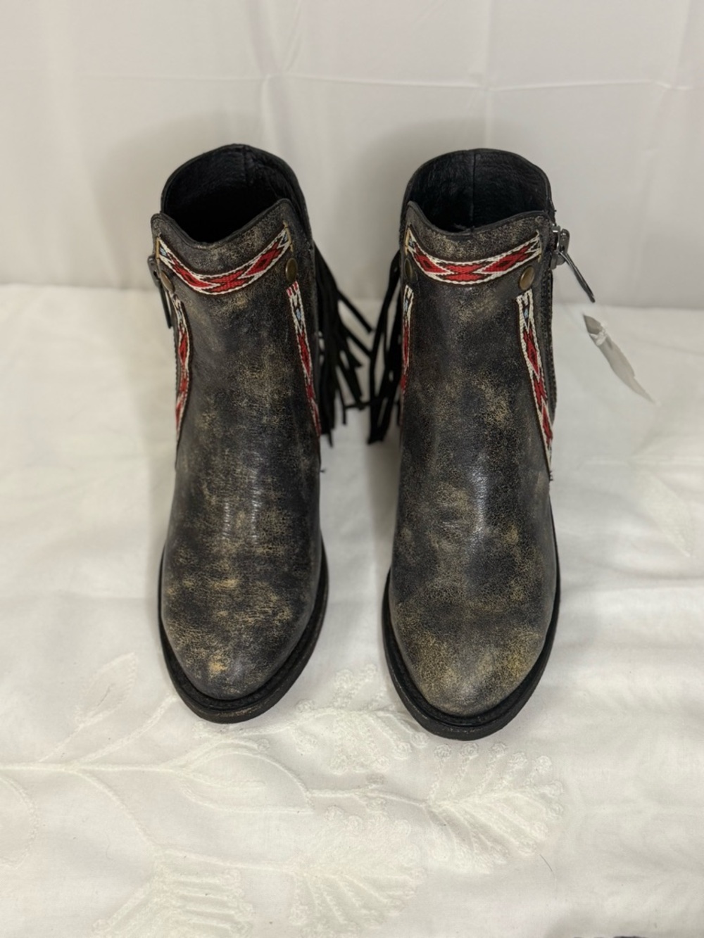 NWT Corral Distressed Black Fringe Ankle Boots with Southwestern Trim - Picture 7 of 11